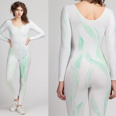 90s Abstract Painted Full Bodysuit - Extra Small to Petite Small | Vintage White Long Sleeve Leotard Onesie 