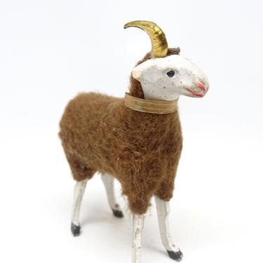 Antique 3 1/4 Inch German Wooly Brown Ram Sheep with Original Collar, Vintage Toy for Putz or Christmas Nativity or Putz, Germany 