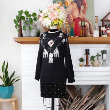 Vintage 1980s Sequin & Beads Fringe Sweater - Black Geometric Pattern Tassel Sweater - M 