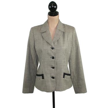 Fitted Wool Blazer Women Medium, Black &amp; White Houndstooth Jacket, Fall Winter 1990s Clothes, 90s Vintage Clothing from Herve Benard Size 8 