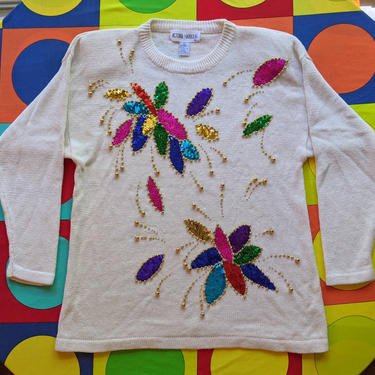 WOW Gorgeous Vintage 80s 90s Colorful Floral Sequins Pattern Long White Sweater 
