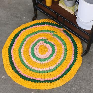 Vintage Accent Rug 1970s Retro Size 30&amp;quot; Bohemian + Terrycloth + Yellow + Green + Pink + Homemade + Round + Hand Woven + Home + Floor Decor 