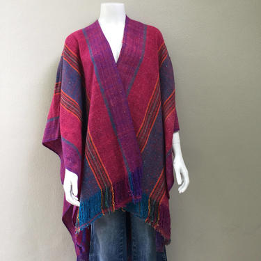 Vtg 70s woven plaid striped fringe ethnic poncho shawl cape cloak 