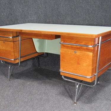 1950s Mid-Century Maple and Chrome Timeline Desk by Kem Weber for Heywood Wakefield