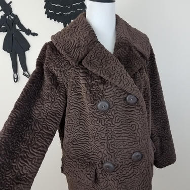 Vintage 1950's Short Brown Coat / 60s Faux Fur Jacket XL 