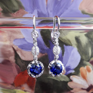 Art Deco Sapphire Diamond Earrings 4.03ct t.w. Vintage Circa 1930's Drop Chandelier Earrings Platinum 14k 