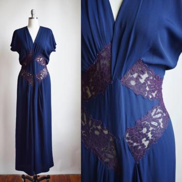 1940s Lace Cut-Out Gown | M | Vintage 40s Blue and Purple Floor Length Rayon Dress with Lace Inserts and Draping 