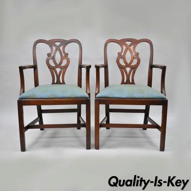 Pair Mahogany Chippendale Style Pretzel Back Dining Room Arm Chairs Baker