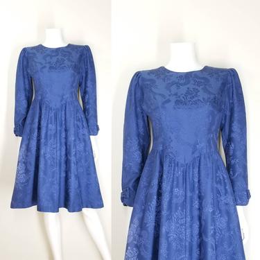 Vintage Babydoll Dress, Small Petite / Blue Brocade Dress by Lanz / Flared 1980s Back Button Dress / Victorian Inspired Day Dress 