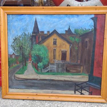 Vintage oil on canvas painting of quaint village 