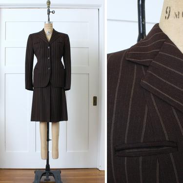 women's vintage 1940s suit • menswear suit fabric in flecked brown pinstripe wool • tailored blazer & skirt 