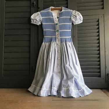 French Girls Cotton Dress, Blue Stripe, Handmade, Handsewn, Peasant Style Smocking 