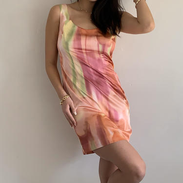 90s silk charmeuse dress / vintage pink watercolor stretch silk satin charmeuse sleeveless scoop neck shift wiggle dress | Size 4 