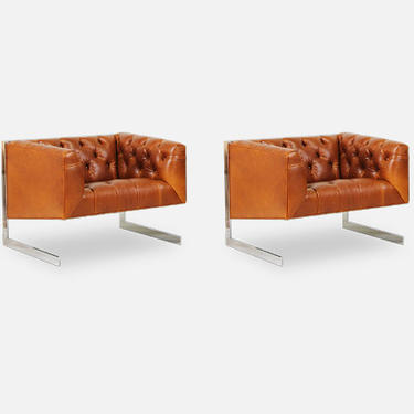 Milo Baughman Cantilever Steel & Leather Tufted Lounge Chairs for Thayer Coggin