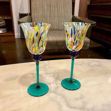 Pair of Murano Rainbow Confetti Long Teal Stem Tulip Shape Wine Glasses 
