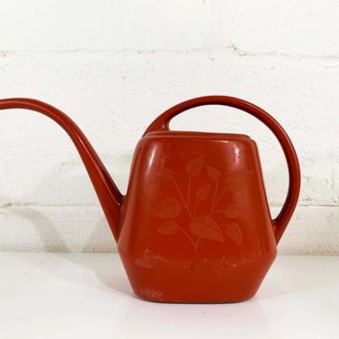 Vintage Red Plastic Watering Can 1970s Burnt Orange Flowers Leaves Mid-Century Colorful Home Decor Garden Plants 70s Plant 