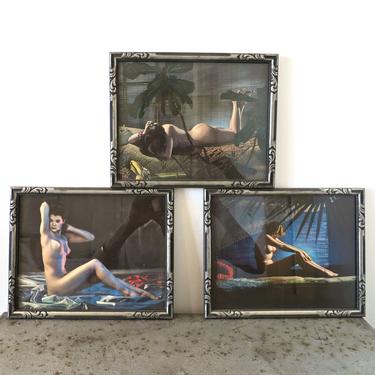 Vintage 1940's Set of 3 Nude Woman Framed Art Print 40's Pin Ups Nudes 