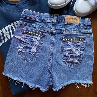 Vintage 80’s High Waist Cut Off Jean Shorts Mom Jeans with Spike Studs 30” waist 