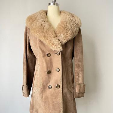 1970s Coat Brown Suede Faux Shearling Collar M 