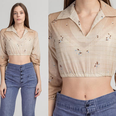 70s Sheer Floral Collared Crop Top - Extra Small | Vintage Long Sleeve Boho Cropped Disco Blouse 