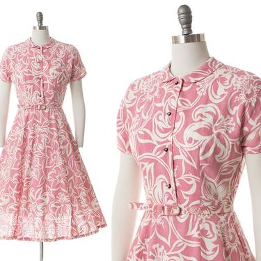 Vintage 1940s 1950s Dress | 40s 50s Hibiscus Hawaiian Floral Pink Cotton Shirtwaist Day Dress (medium) 