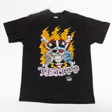 90s Skull &amp; Crossbones Tattoo Studio T Shirt - Large to XL | Vintage &amp;quot;A Cheap Thrill Is No Thrill&amp;quot; Black Flaming Graphic Tee 
