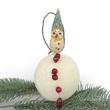 Antique Spun Cotton Snowman Christmas Ornament, Large Victorian Snowman On White Mica Snowball With Mercury Glass Beads 
