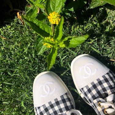 Vintage CHANEL CC Logos White Black GINGHAM Fabric Sneakers Trainers Tennis shoes eu 38 us 7 - 7.5 