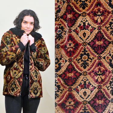 vintage 70s tapestry coat jacket red + gold 1970s mod chic grandma overcoat faux fur winter double zipper florals anthropologie penny lane S 