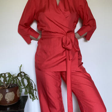 vintage red silk pant suit / silk wide leg pant set / US 12 