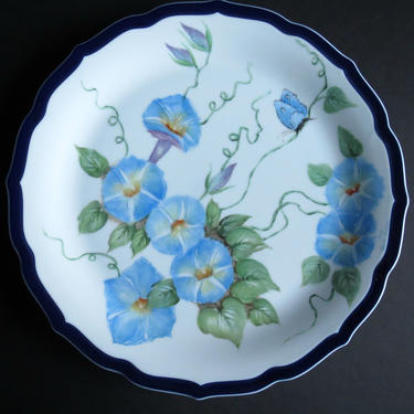 Gorgeous Vintage Hand Painted Porcelain Plate ~ Blue Morning Glories Flower ~ Blue Butterfly ~ Morning Glory ~ Vine ~ Artist Signed 