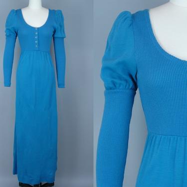 1970s Jersey Knit Maxi Dress | Vintage 60s 70s Cornflower Blue Dress | xs / s 