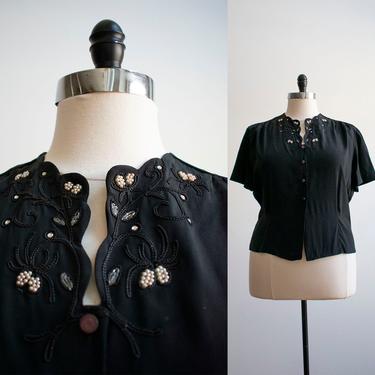 Vintage 1940s Blouse / 40s Beaded Blouse / 40s Rhinestone Blouse / Plus Sized Vintage / Vintage Blouse XL / Carol Henry Blouse / NOS Vintage 