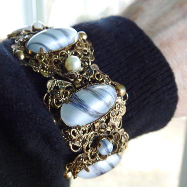 Art Glass Gold Tone Cuff Bracelet 