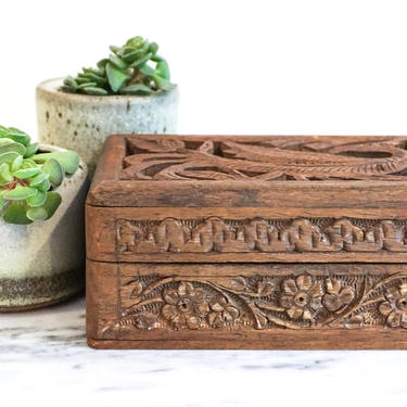Vintage Bohemian Hand Carved Wooden Trinket Box - Made in India 