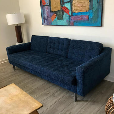 Mid Century Modern Sofa Knoll Inspired in Blue Fabric &amp; Chrome Legs 