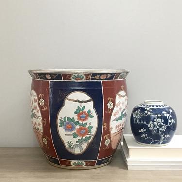 Vintage Imari Fishbowl Planter Large Porcelain Cache Pot Jardiniere 