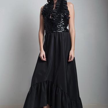 sequin halter black formal evening dress gown party ruffled skirt vintage 80s LARGE L 