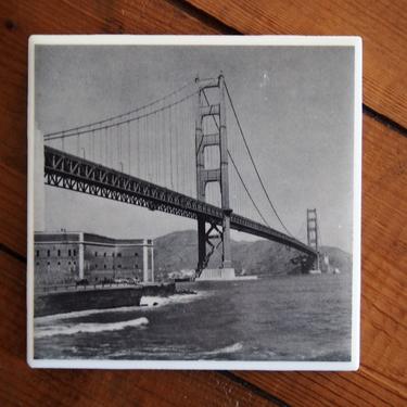 1954 Golden Gate Bridge Vintage Photo Coaster - Ceramic Tile - Repurposed 1950s Hammond Atlas - Handmade - Black &amp; White - San Francisco CA 