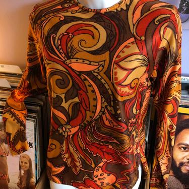 Perfect 1960s psychedelic Alex Coleman orange brown long sleeve poly blouse small 