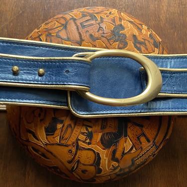 Vintage Blue Leather Wide Belt with Gold Buckle and Trim m/l Corset Belt 