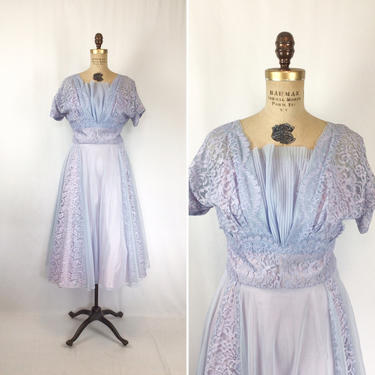 Vintage 50s dress | Vintage lavender lace chiffon fit and flare dress | 1950s periwinkle cocktail party dress 