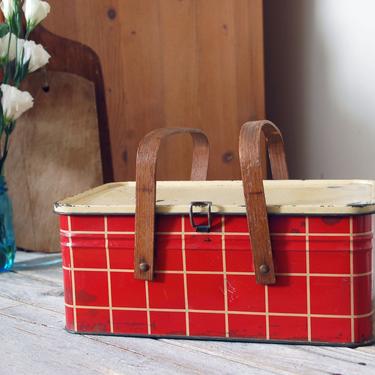 Vintage plaid metal tin picnic basket / red antique picnic basket with wooden handles / rustic farmhouse decor / pantry storage tin 