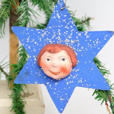 Antique 1930's German Glittered Star Christmas Ornament with Max, Hand Painted, Vintage Decor 