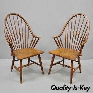 Pair Vtg Maple Wood Fan Back Colonial Windsor Dining Arm Chairs Made in Slovenia