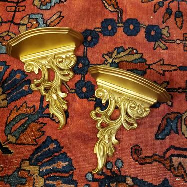 Vintage Syroco Wood Floating Shelves | Pair of Gold Wood Wall Plaques | MCM Hanging Ledge | FREE SHIPPING! 