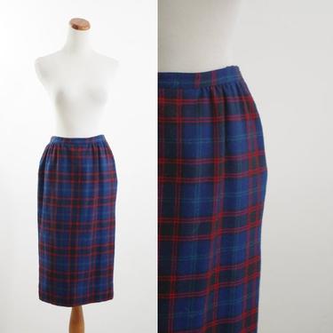 Vintage Womens Pendleton Wool Skirt, Navy Blue Pencil Skirt, 70s Plaid Skirt, Pendleton Wollen Mills Medium 