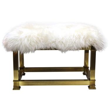 Mid-Century Modern Brass Bench with Sheepskin Upholstery