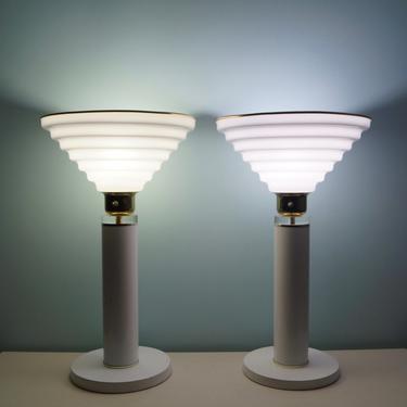 Pair of Gorgeous 1970's Mid-century Modern Art Deco Table Lamps in White, Brass, &amp; Lucite! Unique! 