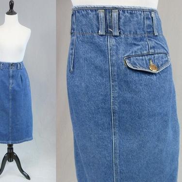 80s Lizwear Midi Jean Skirt - Blue Denim - Front Pleats - High Waisted - Liz Claiborne - Vintage 1980s - M 28" waist 